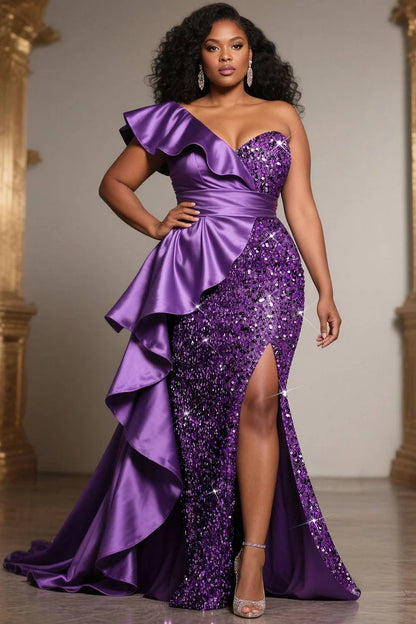 Formal Sequin Purple Oblique Collar Split Elegant Ruffle Satin Maxi Dress