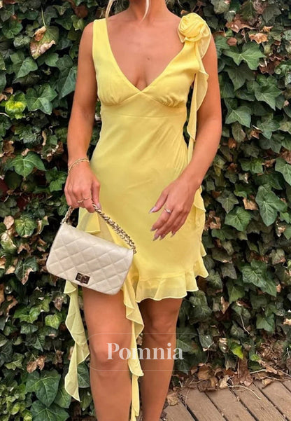 Daffodil Spaghetti Straps V-Neck Short Homecoming Dress