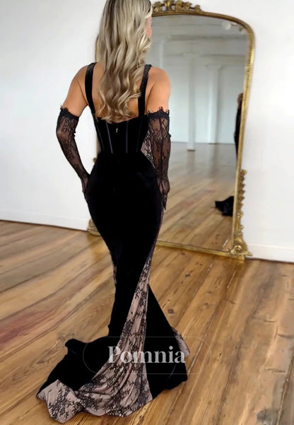 Black Spaghetti Straps Scoop Appliques Velvet Prom Dress