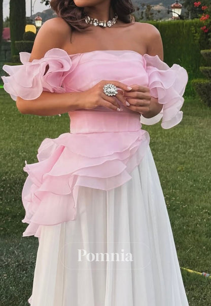 Blushing Pink Short Sleeves Off-Shoulder A-Line Prom Dress