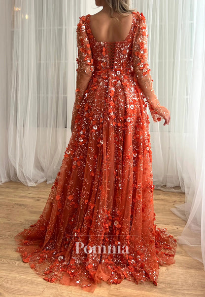 A-Line Long Sleeves Scoop Floral Appliques Evening Dress