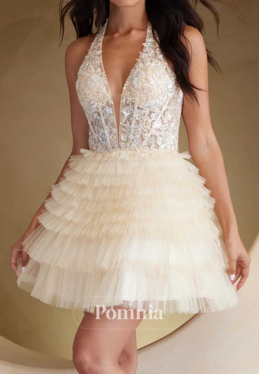Spaghetti Straps V-Neck Appliques Ruffles Homecoming Dress