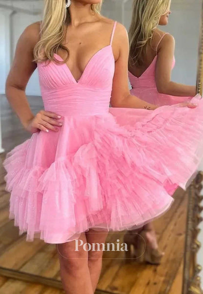 A-Line Spaghetti Straps V-Neck Ruffles Homecoming Dress