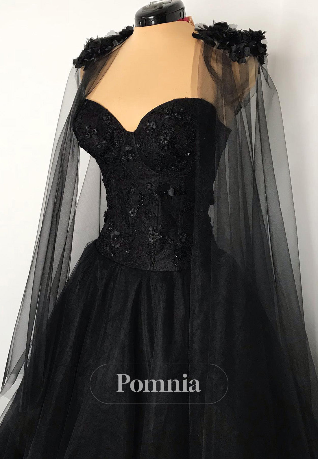 Black Sweetheart Cape Lace-Up Back A-Line Wedding Dress