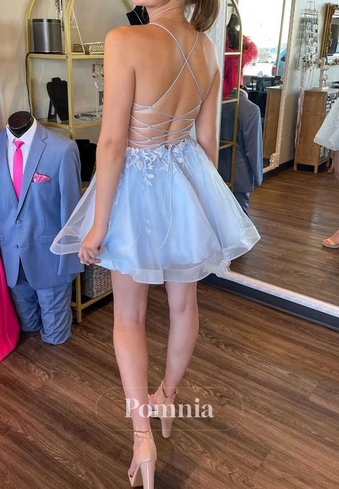 Sky Blue Spaghetti Straps Sweetheart Appliques Homecoming Dress
