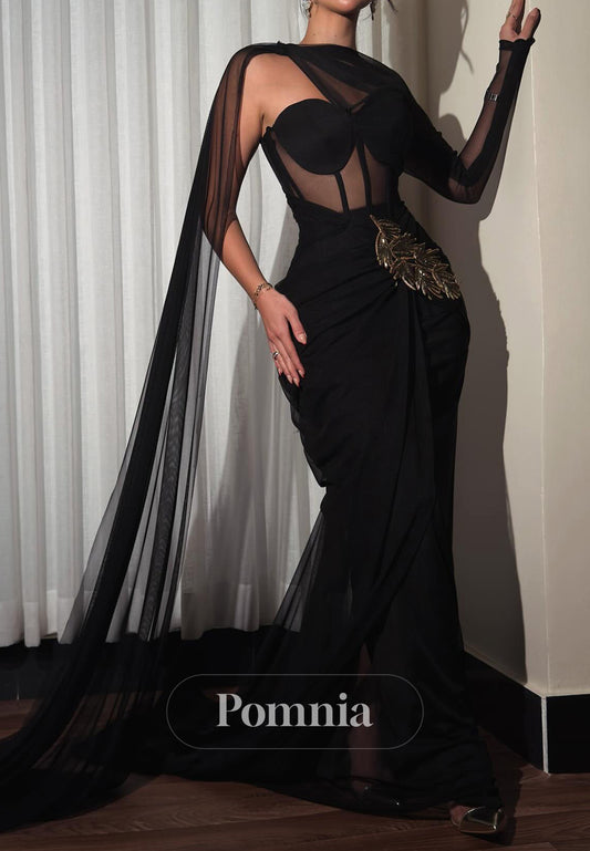 Black Long Sleeves Asymmetrical A-Line Prom Dress