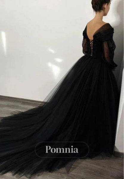 Black Long Sleeves V-Neck Empire-Waist Wedding Dress