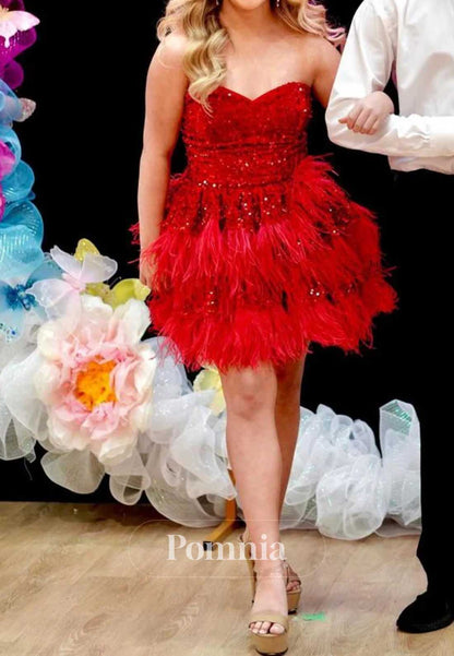 Red Strapless Sleeveless Feathers Short Homecoming Dress