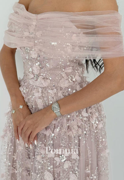 Charming A-Line Off-Shoulder 3D Floral Appliques Evening Dress