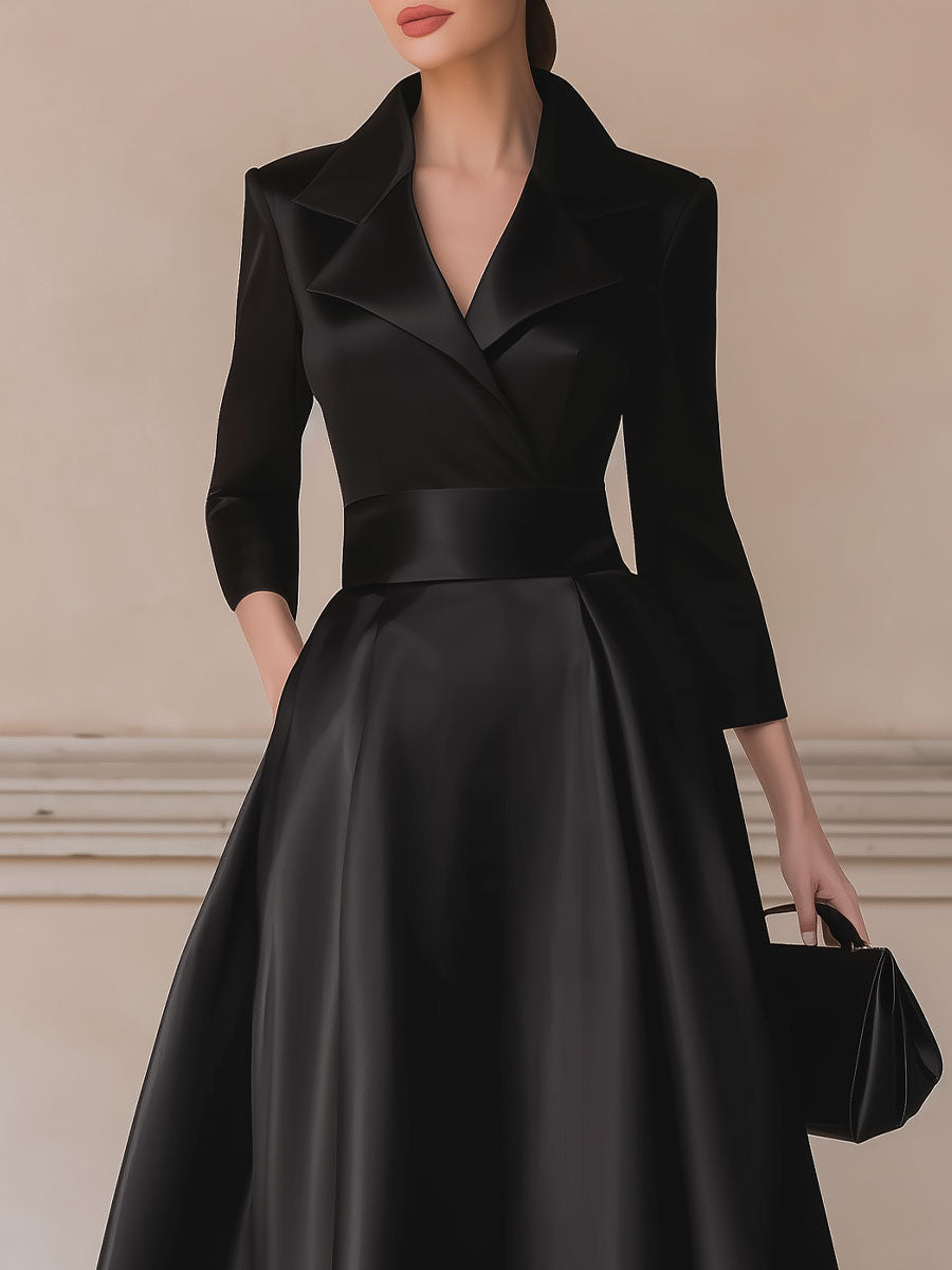 Elegant Black Satin Trench-Collar A-Line Midi Dress