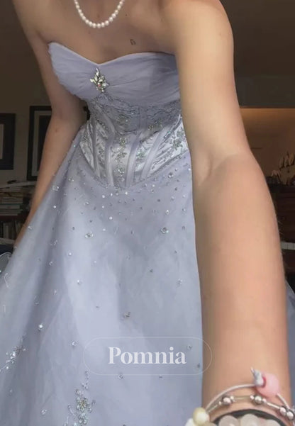 Vintage A-Line Strapless Empire-Waist Beads Princess Long Prom Dress