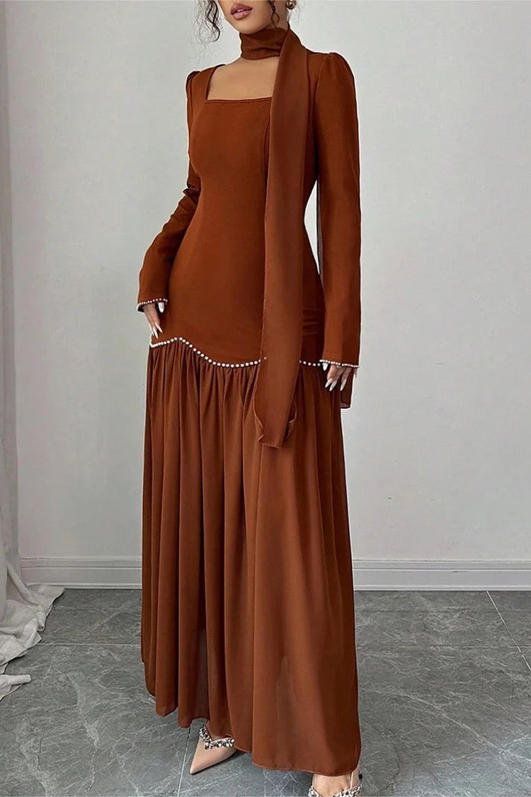Pearl Beads Embroidery Square Neck Pleated Long Sleeve Maxi Dress