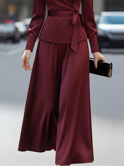 Burgundy Satin Wrap Blouse & Skirt Set