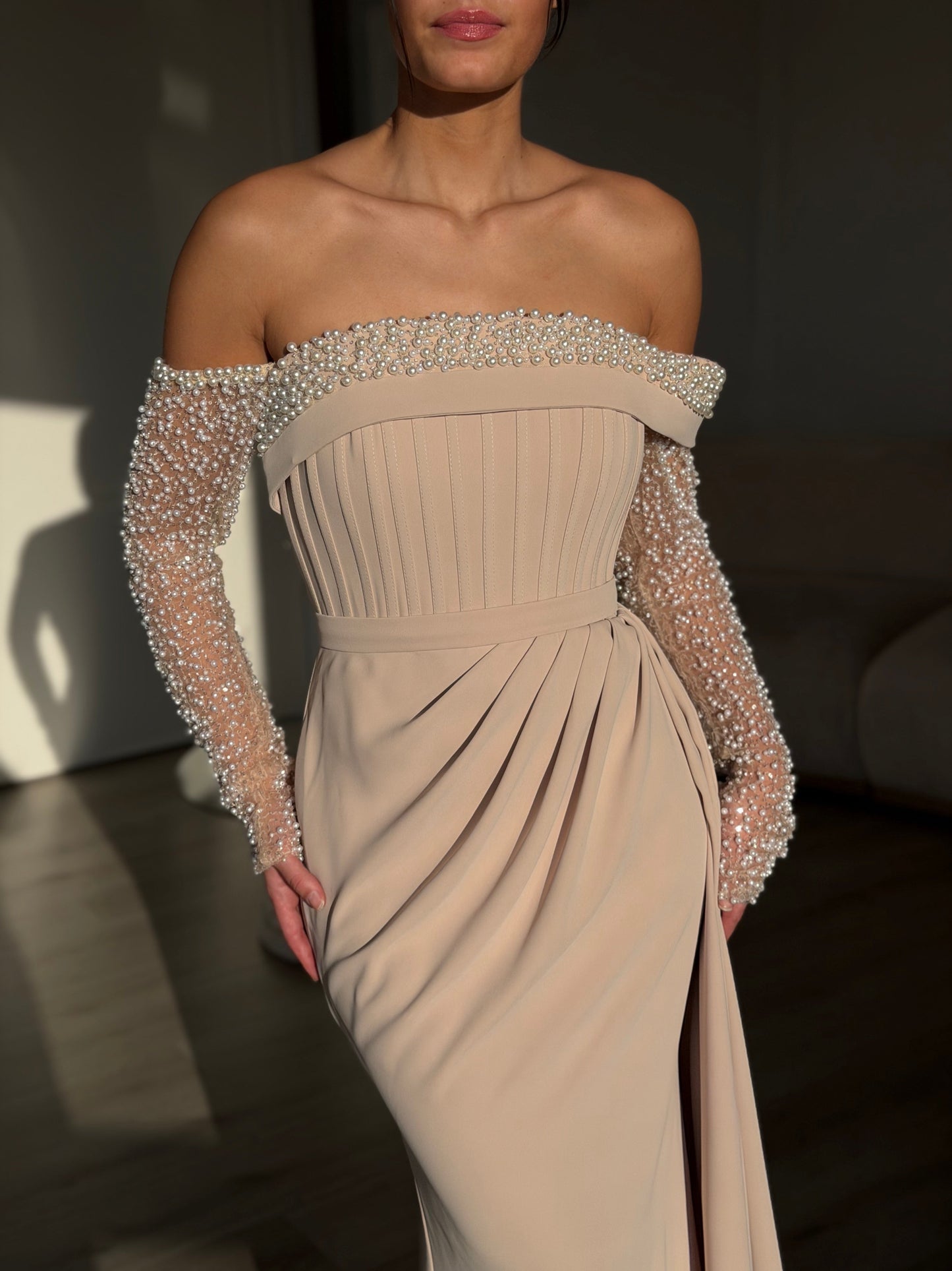 A-Line Long Sleeves Off-Shoulder Pearls Evening Dress