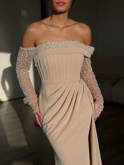 A-Line Long Sleeves Off-Shoulder Pearls Evening Dress