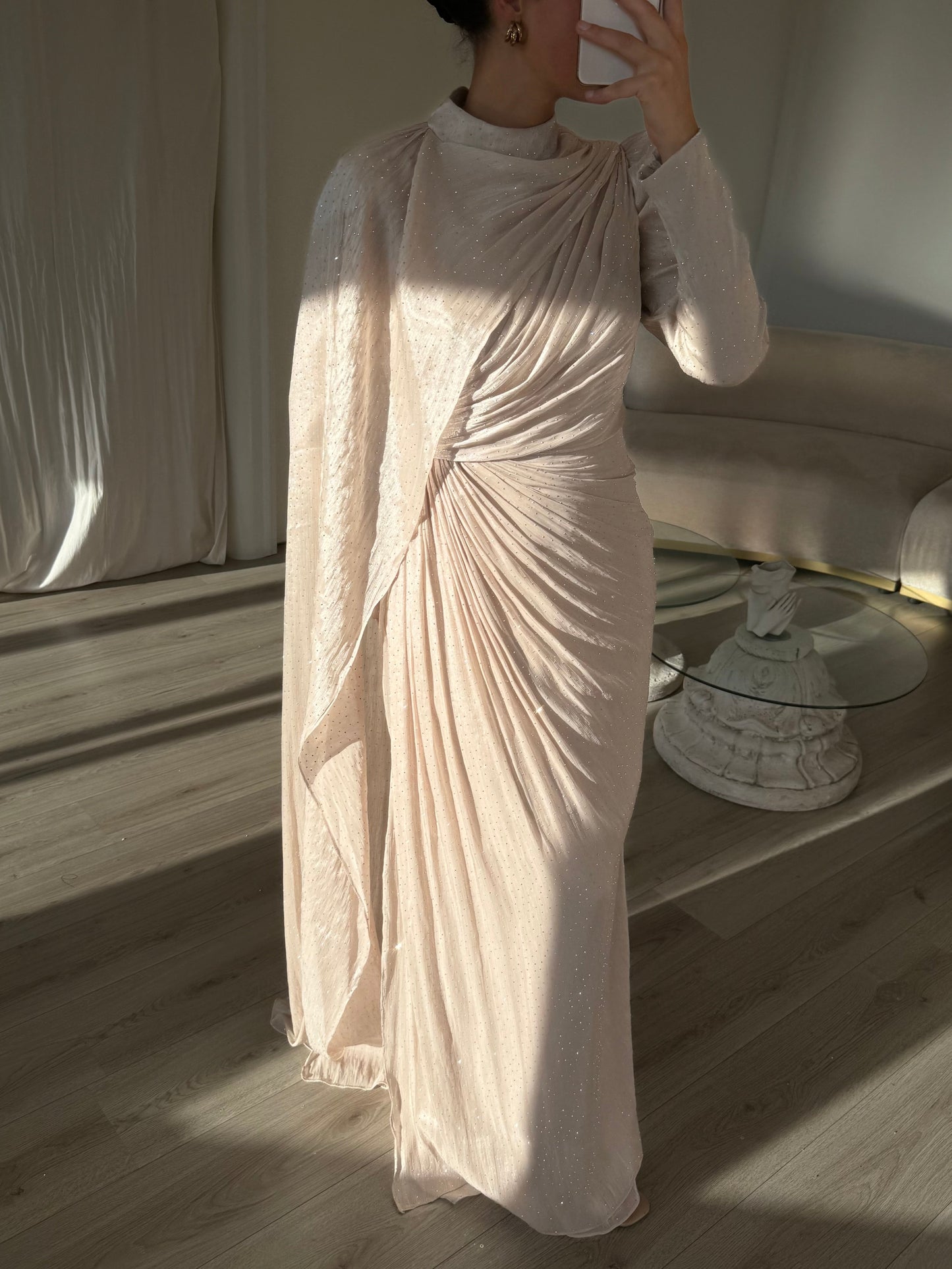 Beige Sheath High Neck Long Sleeves Ruched Evening Formal Dress