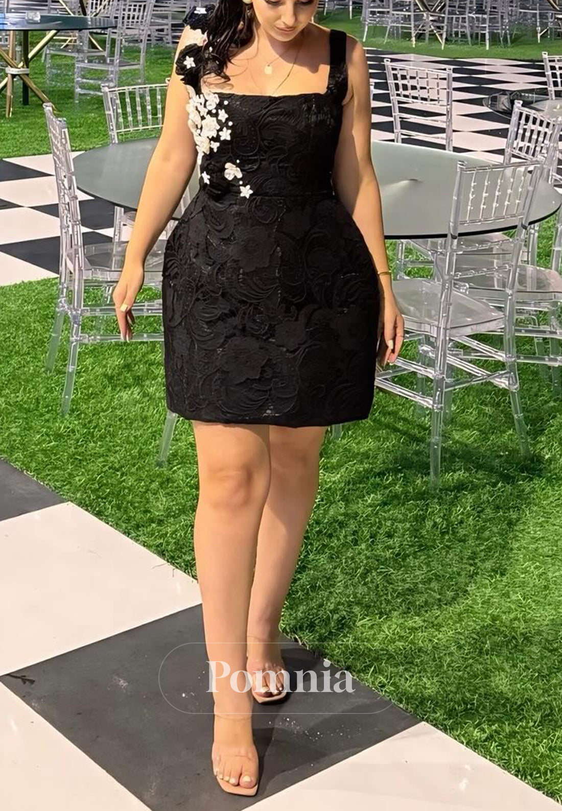 Black Spaghetti Straps Square Ruched Homecoming Dress