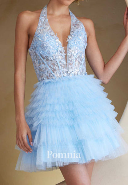 Spaghetti Straps V-Neck Appliques Ruffles Homecoming Dress
