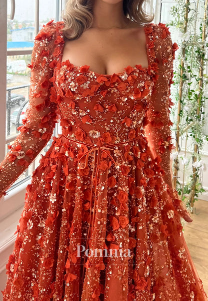 A-Line Long Sleeves Scoop Floral Appliques Evening Dress