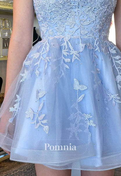 Sky Blue Spaghetti Straps Sweetheart Appliques Homecoming Dress