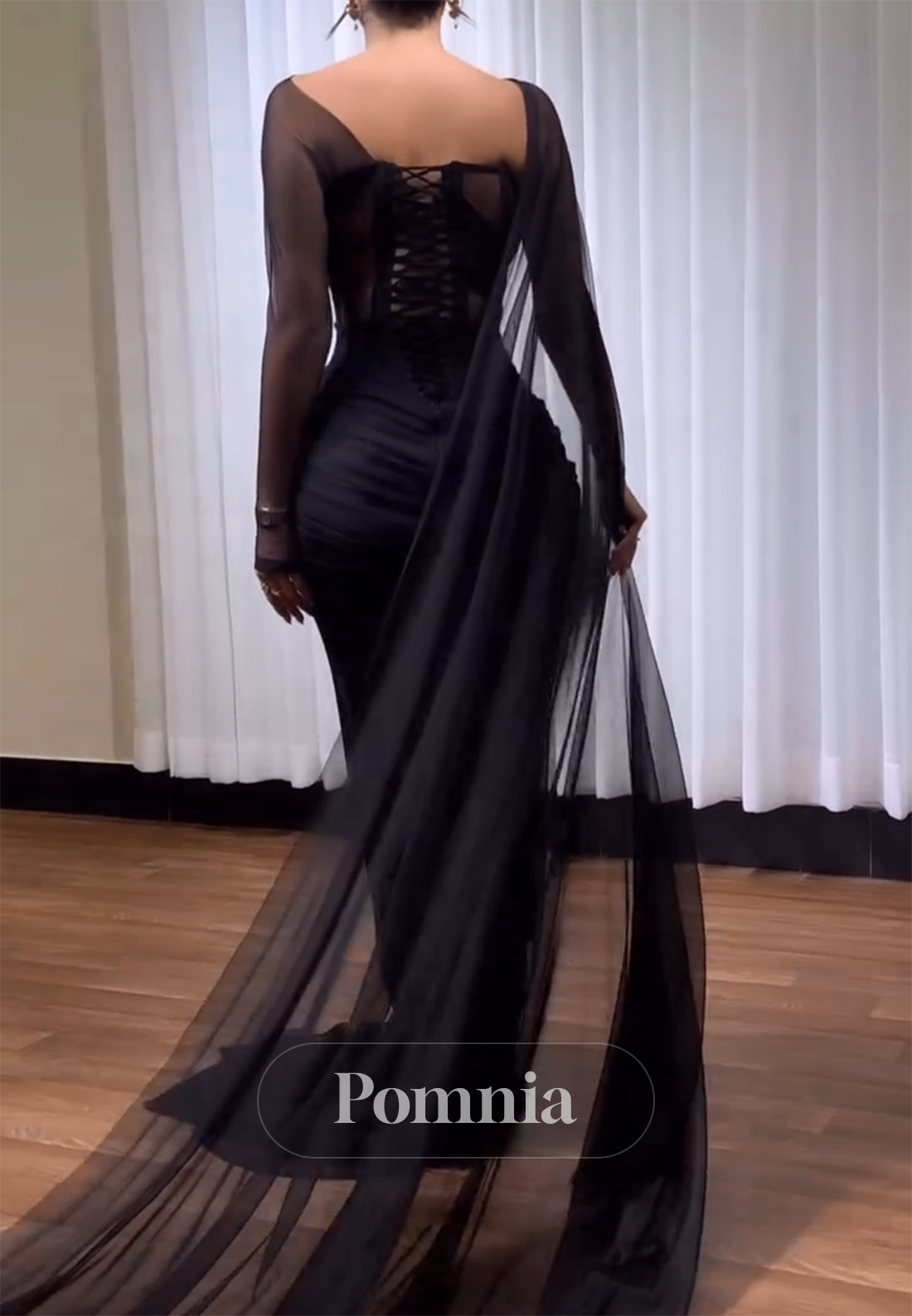 Black Long Sleeves Asymmetrical A-Line Prom Dress