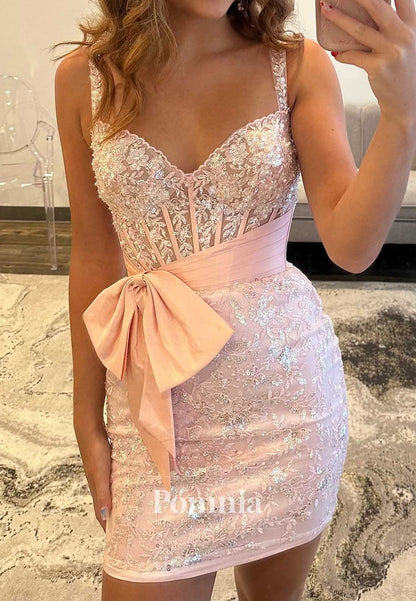 Spaghetti Straps Sweetheart Bowknot Mini Homecoming Dress