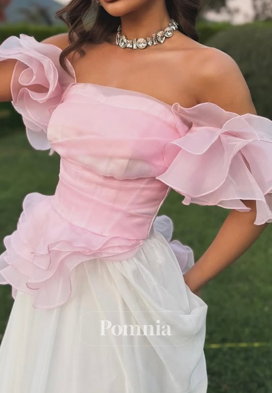 Blushing Pink Short Sleeves Off-Shoulder A-Line Prom Dress