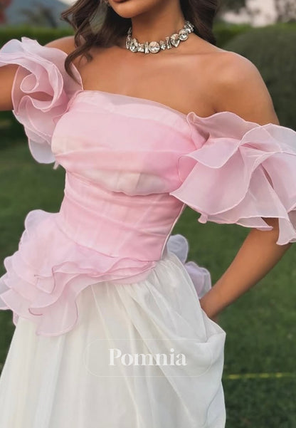 Blushing Pink Short Sleeves Off-Shoulder A-Line Prom Dress