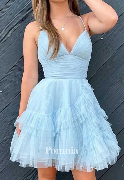 A-Line Spaghetti Straps V-Neck Ruffles Homecoming Dress