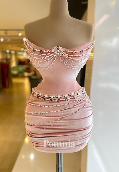Blushing Pink Sleeveless Strapless Sequins Mini Homecoming Dress