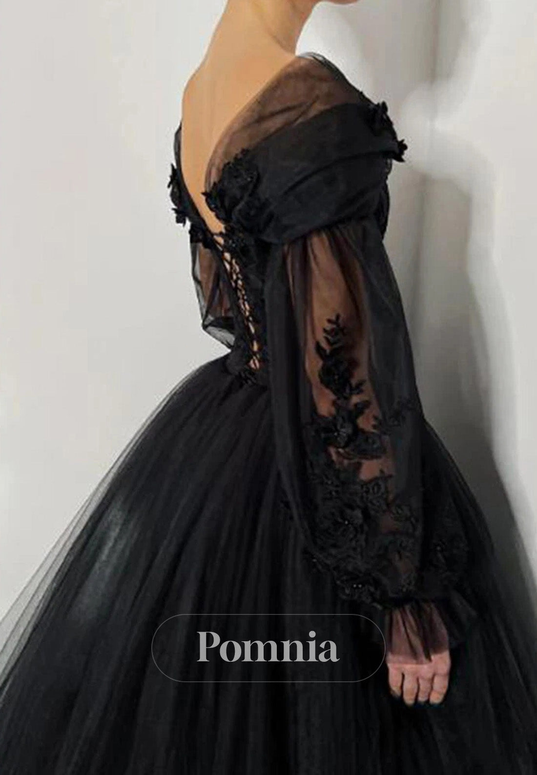 Black Long Sleeves V-Neck Empire-Waist Wedding Dress