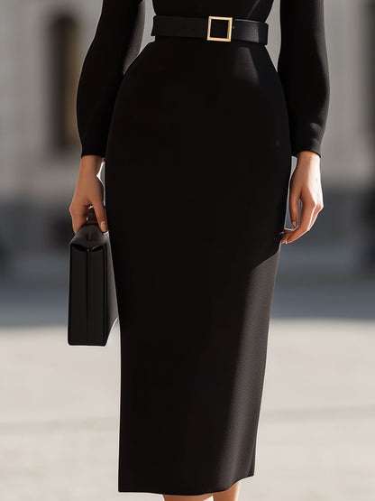 Timeless Fitted Dress With Wrap Belt In Classic Bla