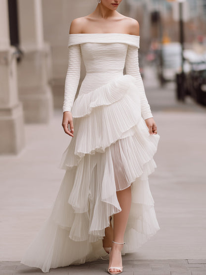 Off-Shoulder Pleated Layered White Gown