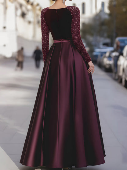 Velvet Sequin Sleeve Gown With Satin Skirt