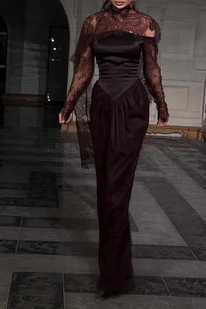 Lace Trim See Through High Neck Tied Slit Hem Maxi Dress