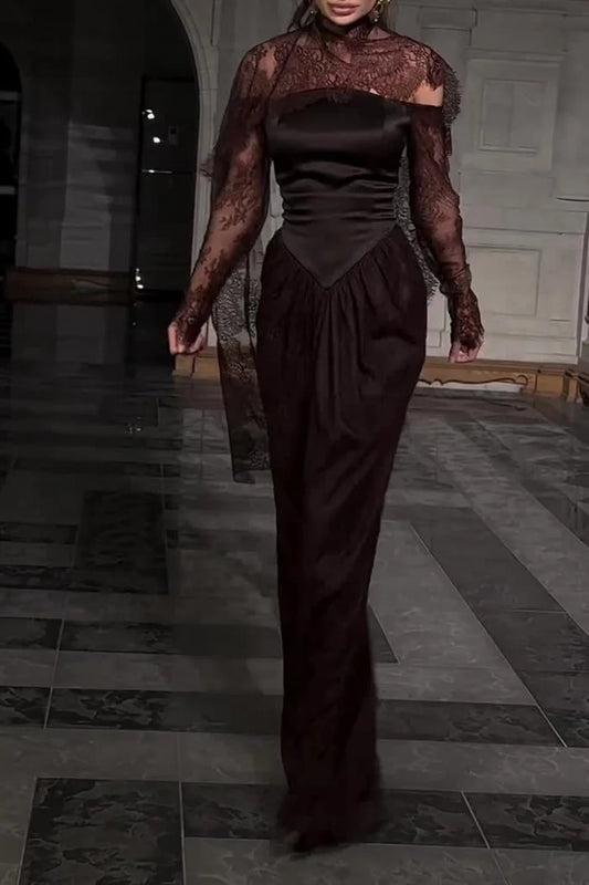 Lace Trim See Through High Neck Tied Slit Hem Maxi Dress