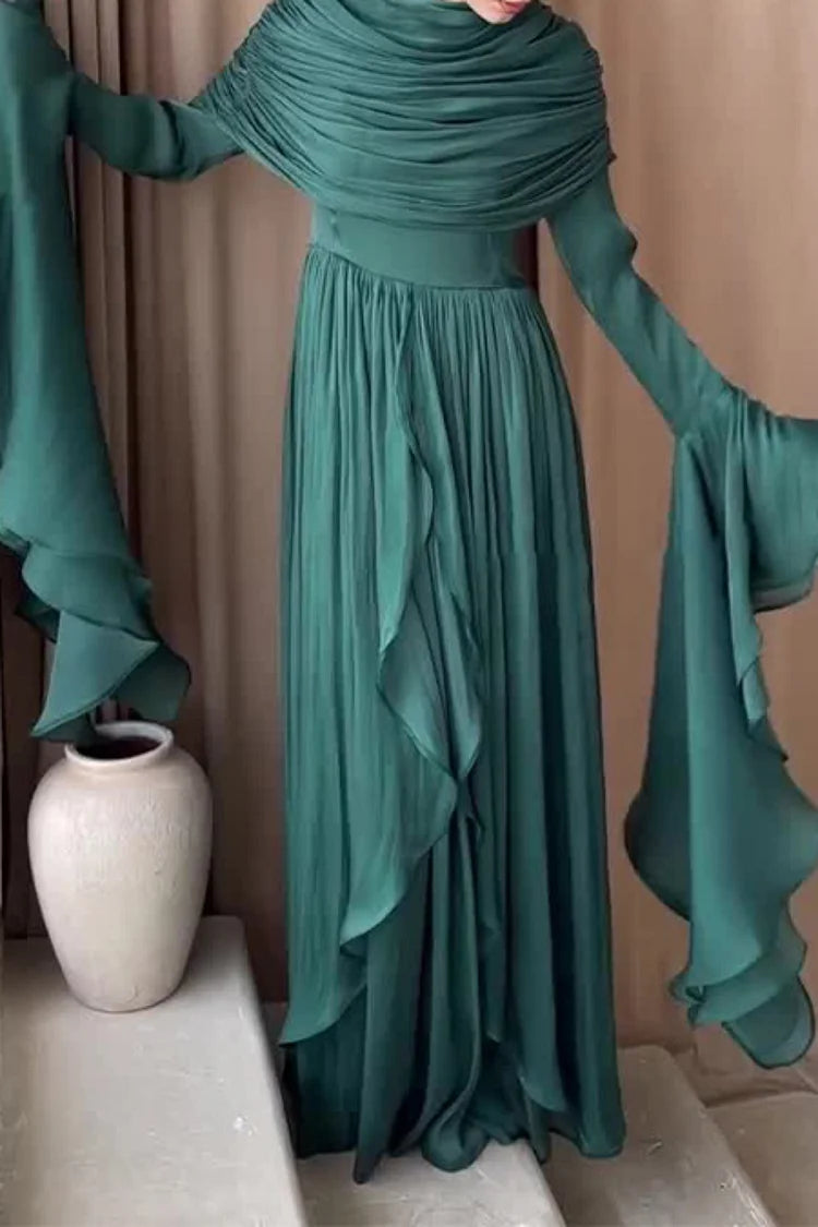Draped Shoulder Pleated Slit Ruffled Trim Bell Sleeve Maxi Dress