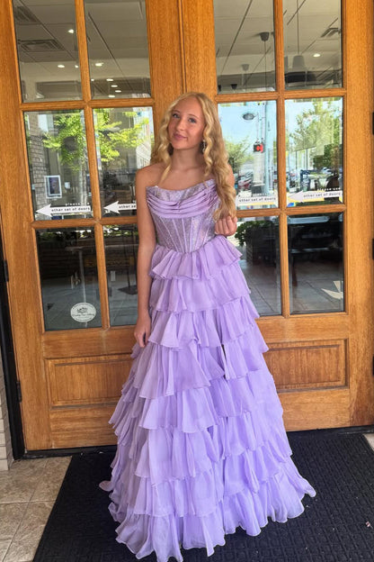Gorgeous A Line Scoop Neck Lavender Tiered Chiffon Prom Dress
