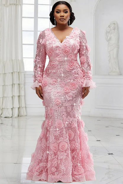 Formal Pink V Neck Long Sleeve 3D Elegant Mermaid Sequin Maxi Dress