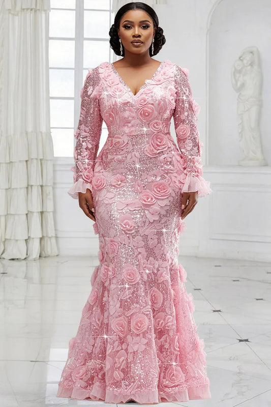 Formal Pink V Neck Long Sleeve 3D Elegant Mermaid Sequin Maxi Dress