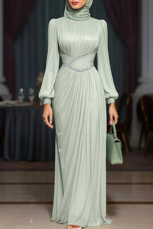 Pleated Diamond Decor Cinch Waist Party Maxi Dress