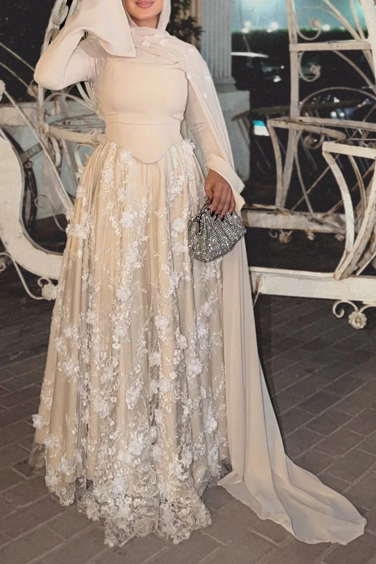 3D Floral Embroidery Corset Streamer Slit Cuff Party Maxi Dress