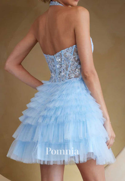 Spaghetti Straps V-Neck Appliques Ruffles Homecoming Dress