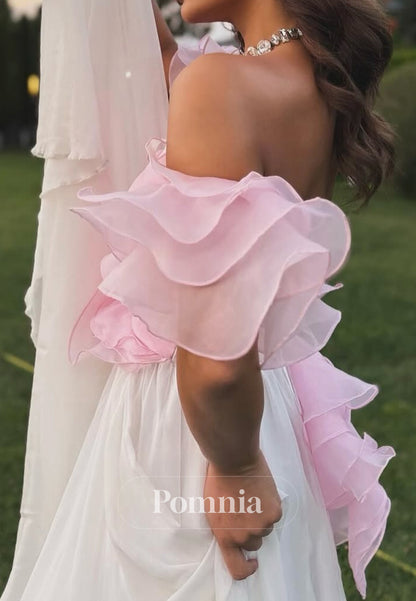 Blushing Pink Short Sleeves Off-Shoulder A-Line Prom Dress