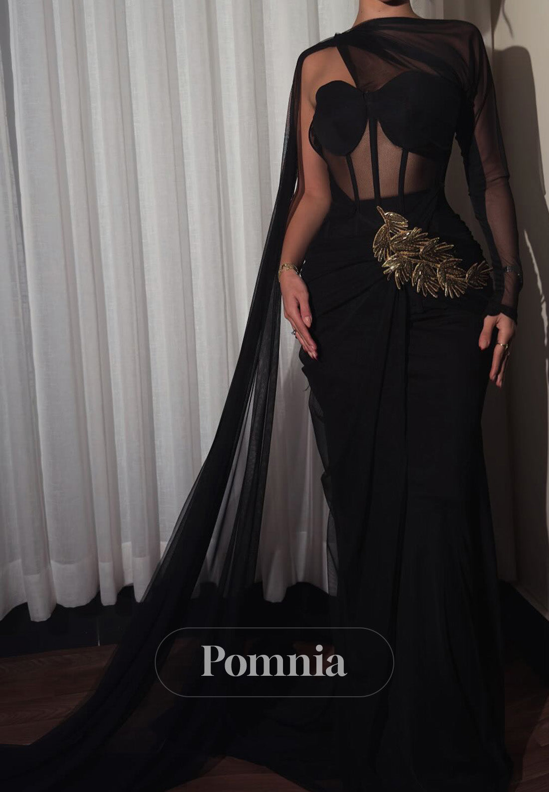 Black Long Sleeves Asymmetrical A-Line Prom Dress