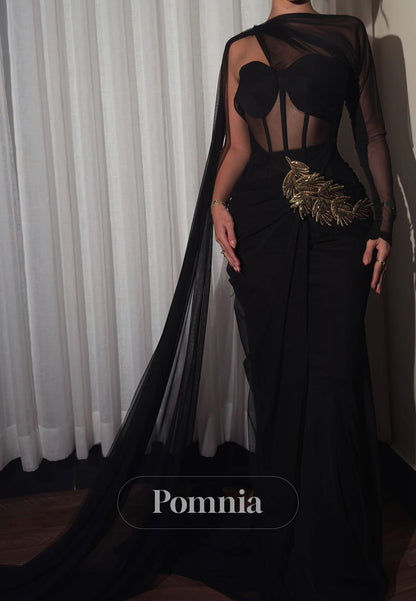 Black Long Sleeves Asymmetrical A-Line Prom Dress