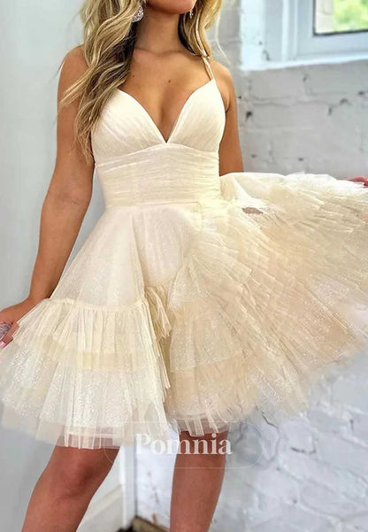 A-Line Spaghetti Straps V-Neck Ruffles Homecoming Dress
