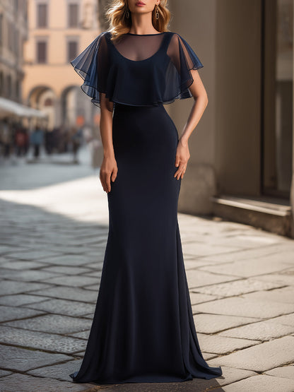 Elegant Sheer Cape Overlay Evening Maxi Dress