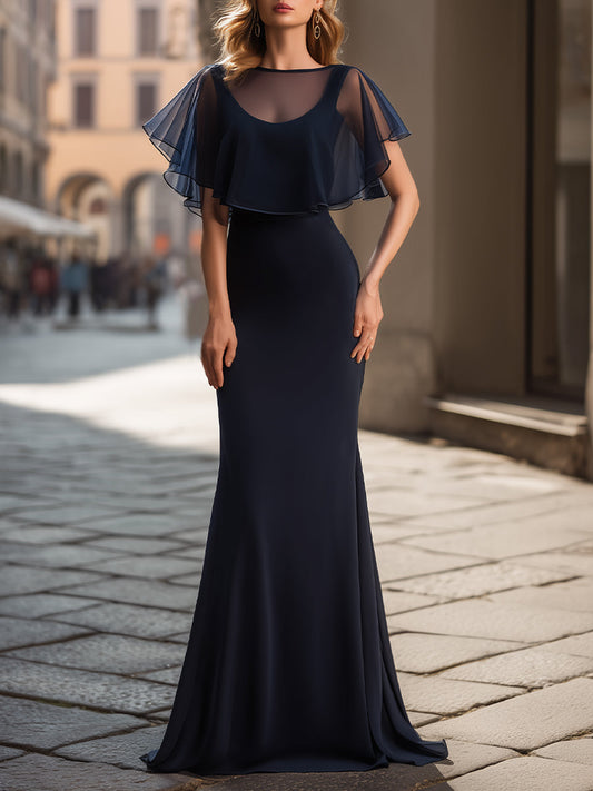 Elegant Sheer Cape Overlay Evening Maxi Dress