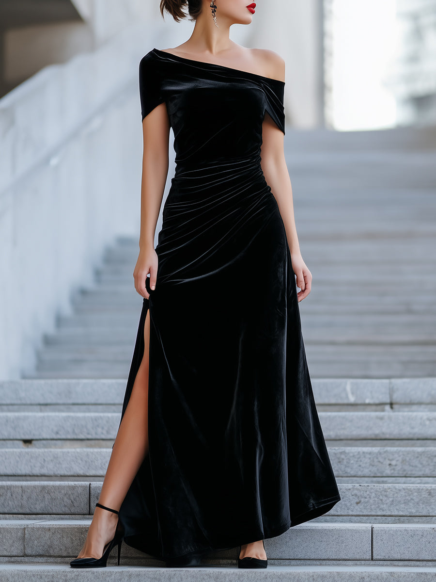 Asymmetric One-Shoulder Velvet Gown With Ruched Detailing